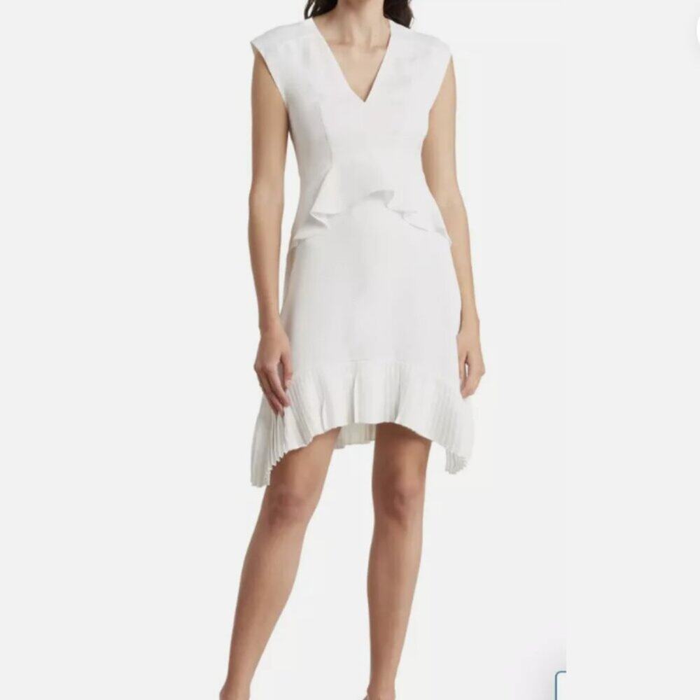 BCBG MAXAZRIA Dress Ruffled Pleated High-Low Cocktail Off White - Size 4